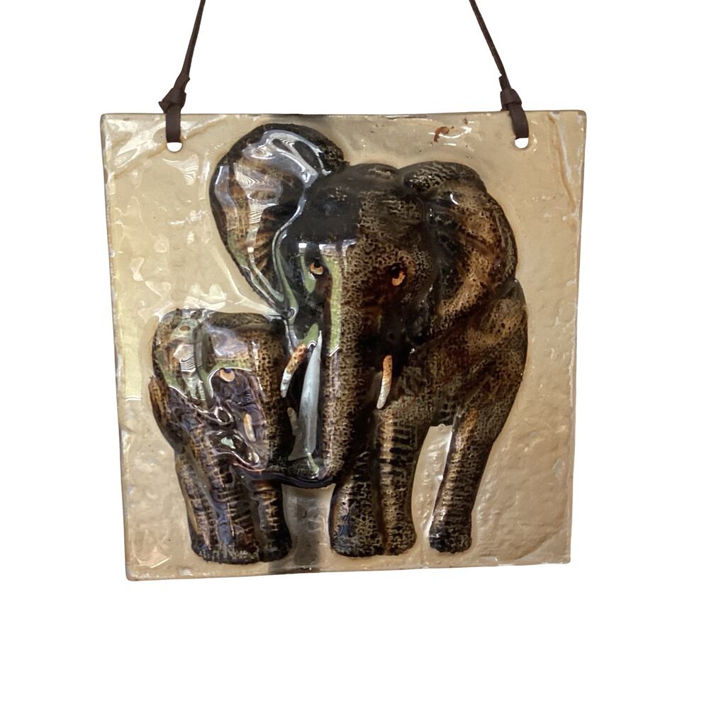 Vintage Fusion Glass Elephant Relief With Leather Hanger
